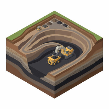 Isometric illustration of open pit mining operation with trucks.