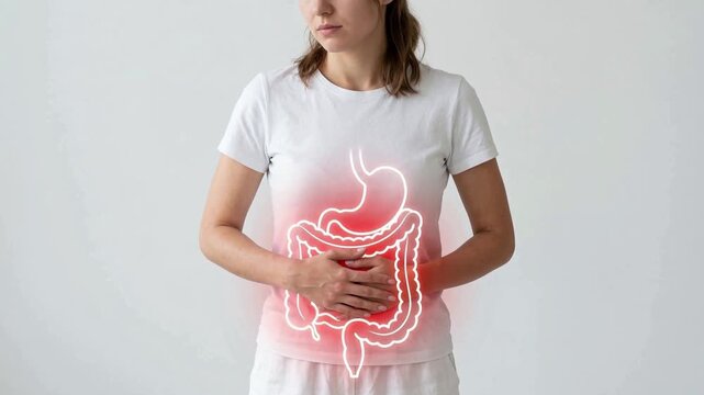 Woman with stomach ache and glowing digestive tract anatomy overlay