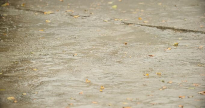 Cinematic close up shot of heavy monsoon raindrops splashing and creating small ripples on a wet stone courtyard in Guwahati, Assam, India

