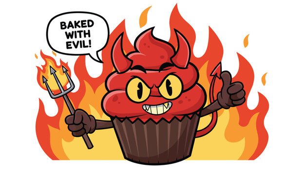 Mischievous cartoon devil cupcake on fire holding a trident and saying baked with evil on a plain white background.