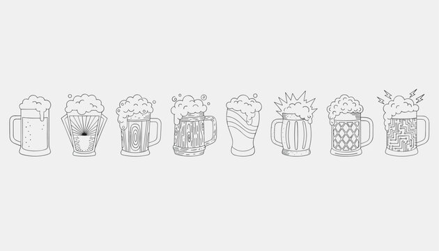 Row of eight unique hand drawn beer mug illustrations with different designs and foam patterns on a grey background.