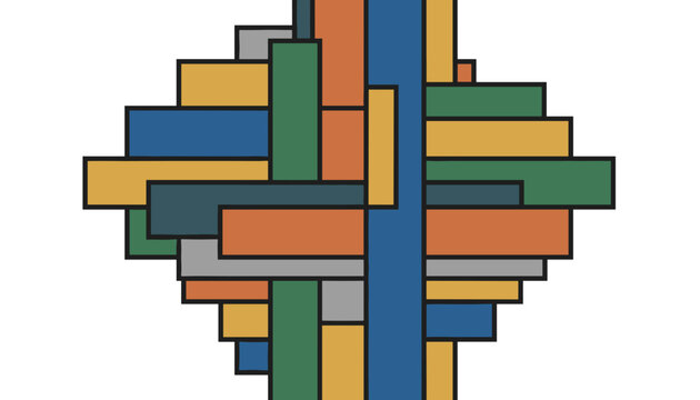 Geometric diamond shape composed of interwoven colorful rectangular blocks in blue, orange, yellow, and green.