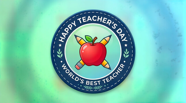 Happy teachers day badge with red apple and crossed pencils on watercolor