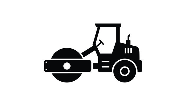 Black silhouette icon of a heavy road roller machine, representing construction work, road repair, or paving.