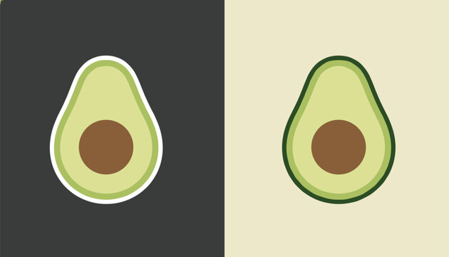 Clean flat icon of a green avocado half with a brown seed, displayed on a split dark grey and cream background.