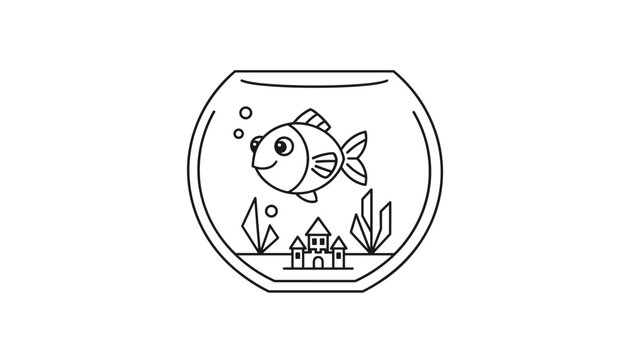 Simple line art illustration of a cute cartoon fish swimming in a round glass fishbowl with a castle and aquatic plants.