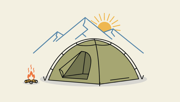 Cozy outdoor camping scene illustration with a green tent burning campfire and sun rising behind majestic blue mountains.