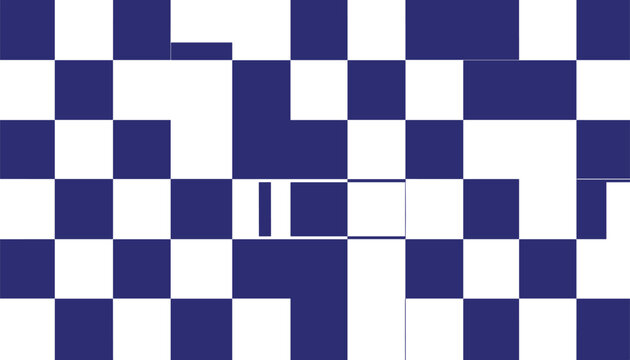 Abstract geometric chessboard pattern with dark blue and white squares arranged in a slightly distorted digital glitch style.