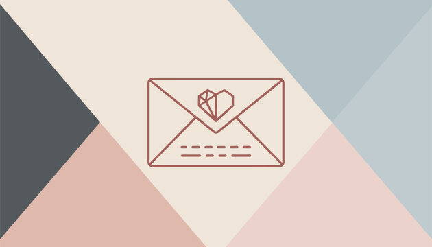 Cute pastel background with a central line art envelope icon featuring a geometric faceted heart on a multi colored backdrop.
