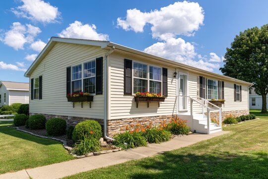 A light-colored manufactured home with flower boxes and landscaping