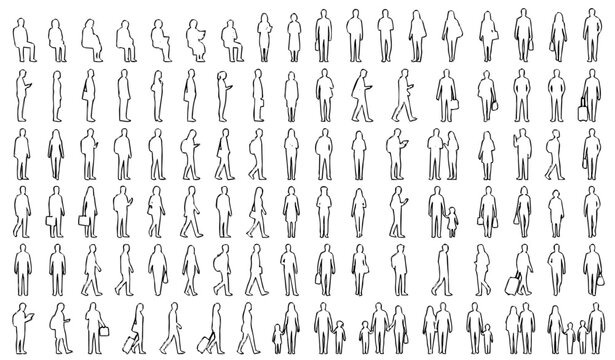Standing and walking people outline figures for architectural CAD entourage