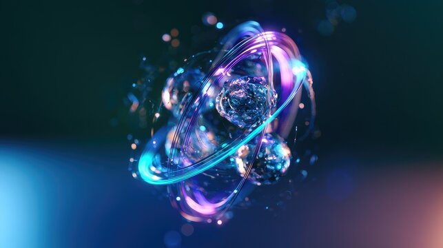A microscopic atomic structure glows with neon light rings against a dark space