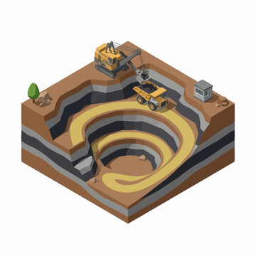 Open pit mining operation with heavy machinery and spiral road.
