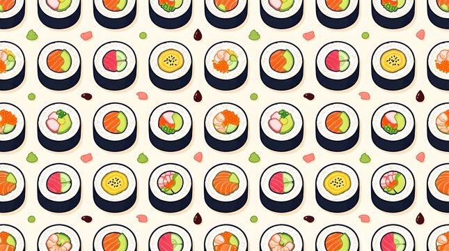 Seamless pattern of colorful sushi rolls and maki pieces on a clean bright background