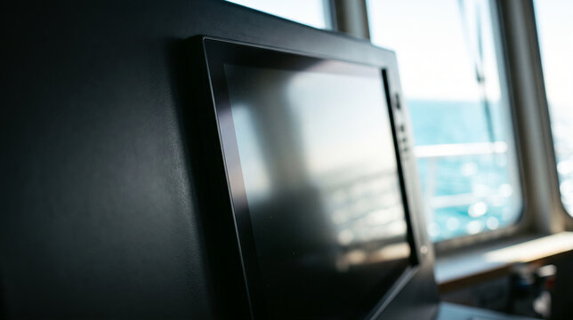 Close-up of a ship's navigation screen with the ocean visible through the window.