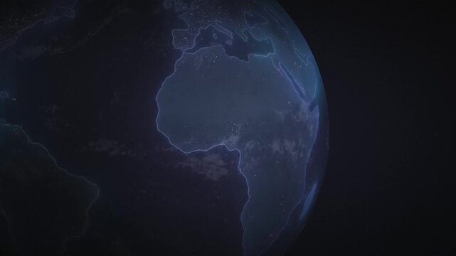 Abstract digital globe representation of the Earth with glowing continents in a dark, futuristic background, highlighting Africa