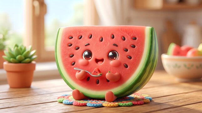 Cute cartoon watermelon slice character with a happy face sitting on a wooden table
