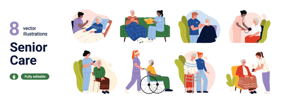 Collection of elderly care scenes with nurses assisting seniors at home, wheelchair support, grooming, blood pressure check, companionship, isolated on white background vector illustration