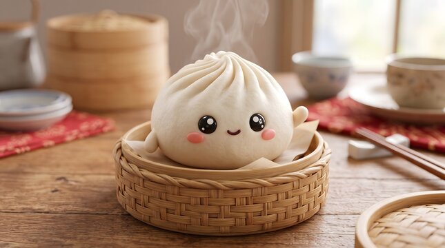 Cute cartoon baozi dumpling with a happy face in a wooden bamboo steamer basket