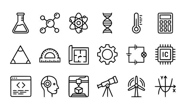 STEM education technology engineering and science 64px line icons