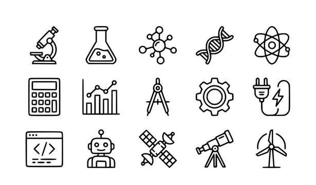 STEM science technology engineering and math pixel perfect vector icons