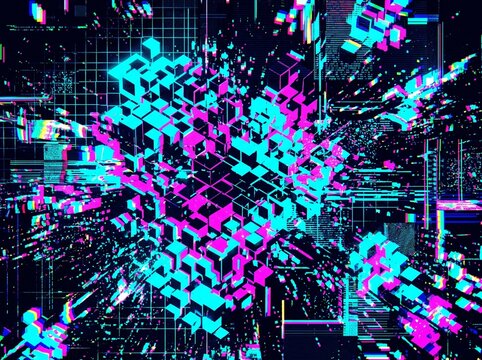 Abstract digital explosion of cyan and magenta cubes in a glitch art style, representing data visualization or a technological breakdown.
