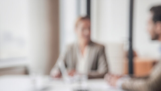 A blurred image depicting two professionals engaged in a discussion during a meeting. The background suggests a modern office environment.