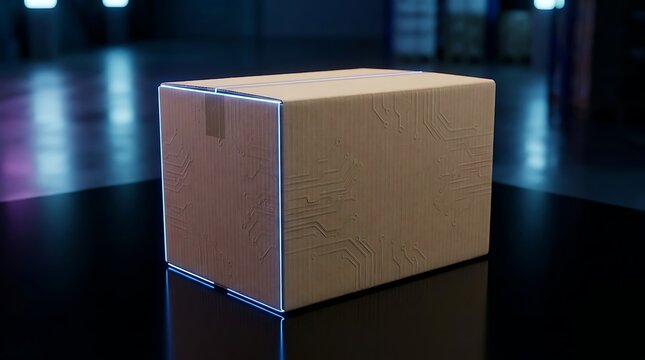 A futuristic cardboard shipping box with glowing blue circuit board patterns on a reflective surface