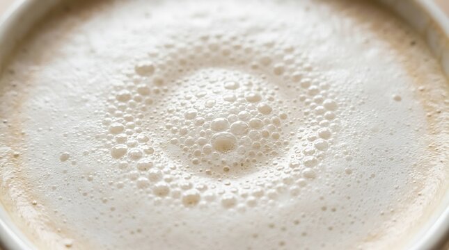 Close up top view of a fresh cup of creamy cappuccino coffee with textured milk foam bubbles