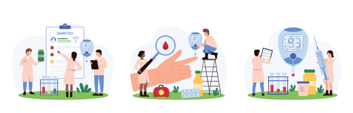 Diagnosis and treatment of diabetes, chronic endocrine diseases awareness set. Tiny people control sugar level in blood of patient with glucometer, doctors checkup cartoon vector illustration