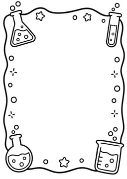 Science laboratory border frame featuring black and white hand drawn chemistry beakers test tubes and stars for school project pages