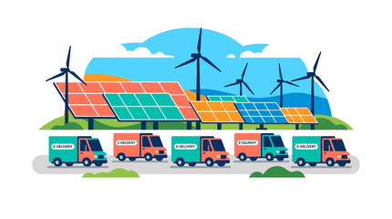 Naklejka premium Green Energy Logistics Concept with Electric Delivery Vans, Solar Panels, and Wind Turbines Vector Illustration