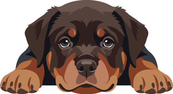 Puppy rottweiler head portrait lying down on transparent backdrop.