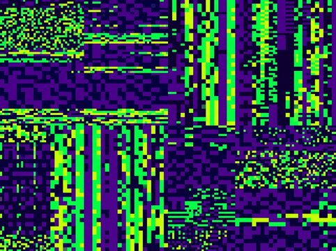 Abstract digital glitch art with vibrant purple, green, and yellow pixelated patterns, resembling data corruption or a distorted screen.