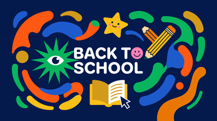 Fototapeta premium A vibrant and playful abstract illustration celebrating the return to school with cheerful icons like a star, pencils, and an open book.