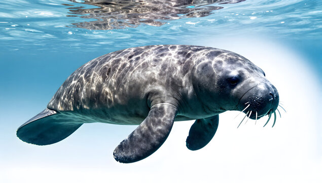 Gentle Giant of the Sea: A manatee swims gracefully through crystal clear turquoise water, its serene presence captured in an underwater portrait.