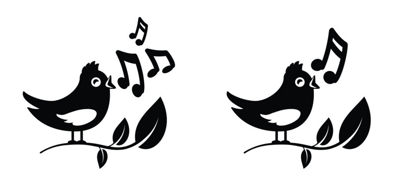 Musical notes stave and bird symbol. Singing birds, one with a simple tune, one with an elaborate melody. For staff and music key note theme. Musical merriment and love heart icon.