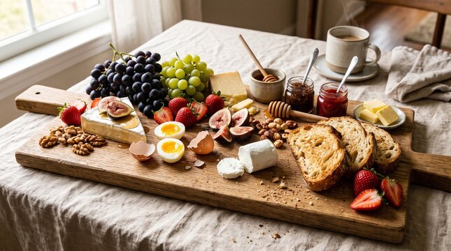 A bountiful breakfast spread featuring fresh fruits, cheeses, bread, and perfectly cooked eggs on a rustic wooden board