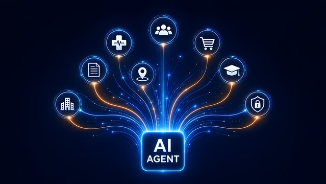 Glowing AI Agent core branching out to multiple industry icons illustrating artificial intelligence automation and multitasking capabilities
