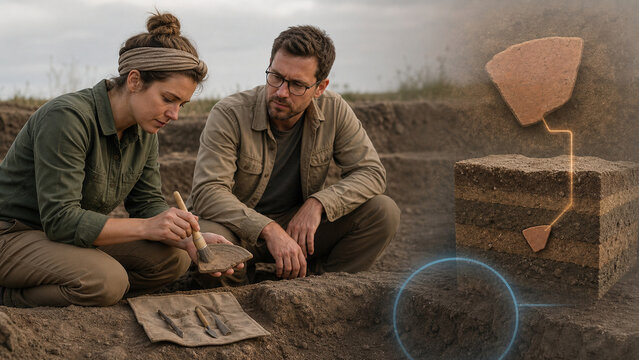 Archaeologists clean pottery fragment in trench