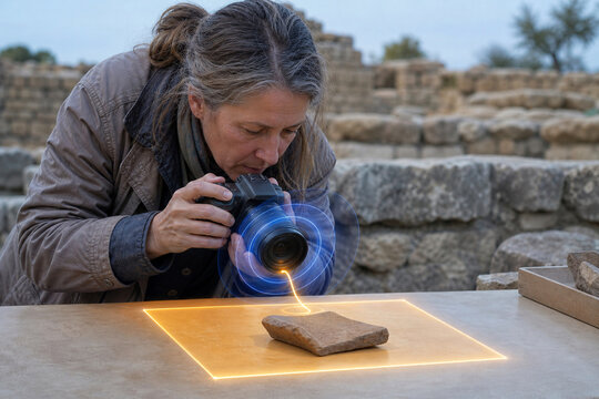 Archaeologist photographs ceramic artifact shard