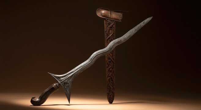 An ornate wavy blade with a wooden hilt stands beside a carved wooden scabbard