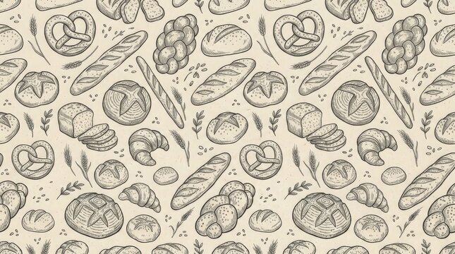 A repeating seamless pattern illustration featuring hand-drawn breads like baguettes, pretzels, and braided loaves on a light textured background for bakery branding themes