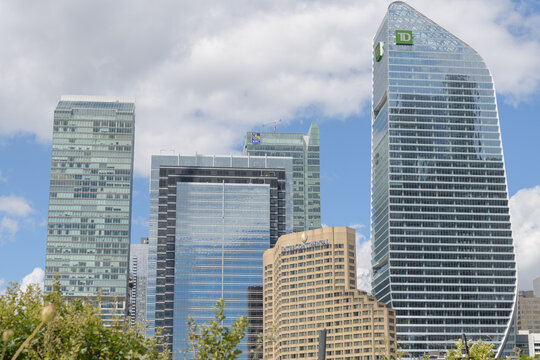 looking north from Roundhouse Park (Bremner Blvd) to Ritz-Carlton, RBC Centre, Simcoe Place, InterContinental, and TD Terrace, two hotels and two office towers in Toronto