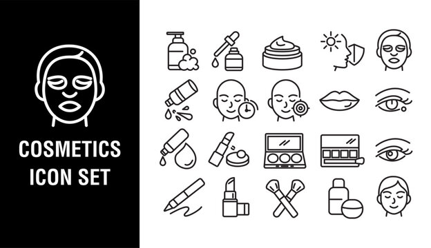 Minimalist black outline cosmetics skincare beauty makeup line icon set vector