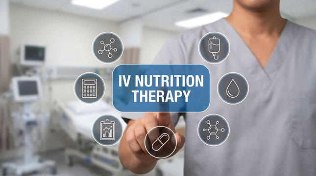 Doctor pointing at IV nutrition therapy icon interface in hospital clinic room