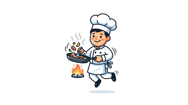 Cheerful Cartoon Chef Jumping While Flambe Cooking with Pan and Flame