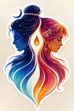 Shiva Parvati Divine Union Symbol, Spiritual Hindu Artwork with Colorful Abstract Hair