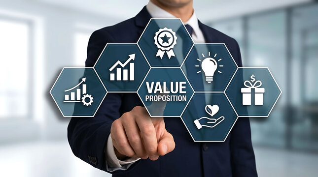 Businessman Touching Value Proposition Virtual Screen Interface In Modern Office