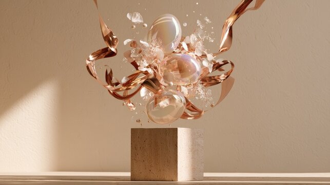 Iridescent spheres float above a stone cube with swirling metallic gold ribbons